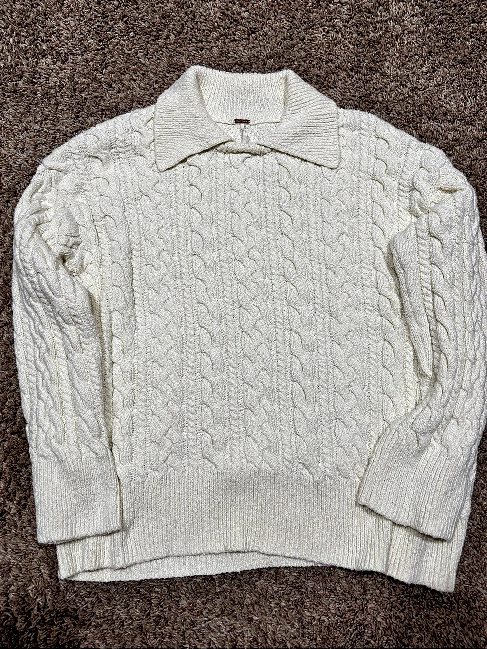 Free People Traveler Cable Pullover Cable Knit Collared Sweater White XL